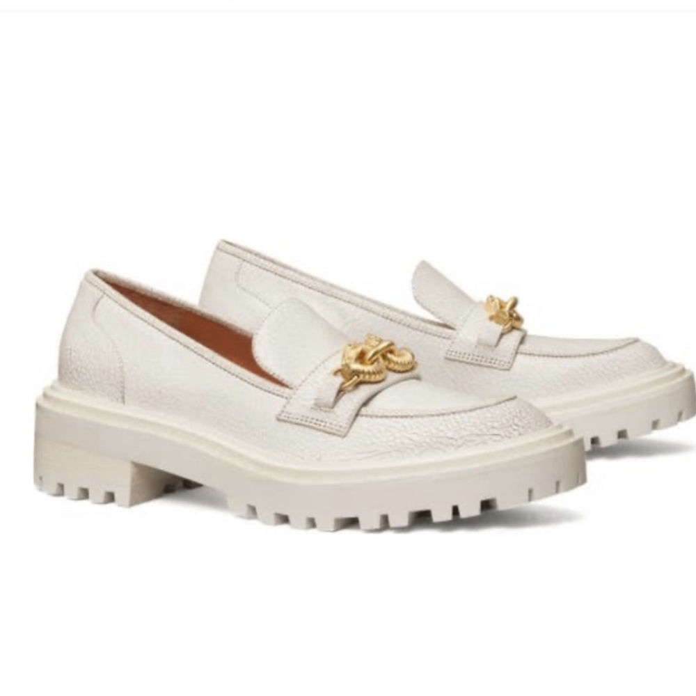 Tory Burch Jessa Lug Sole Loafer White Calf Leather Sz 6